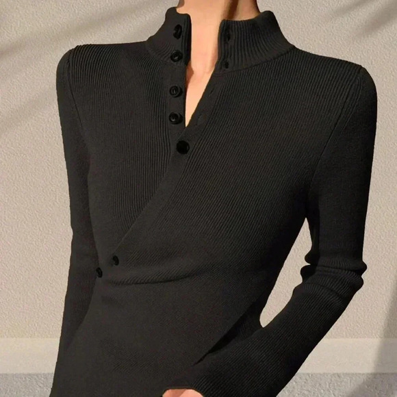 Black Casual Women's Button Cross Design Long Sleeve Sweater Asymmetric Pullover - Picture 3 of 3